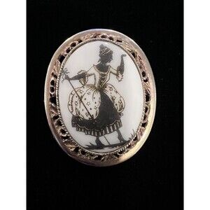Vintage Gold Tone Regency Style Transfer Milk Glass Cameo Brooch